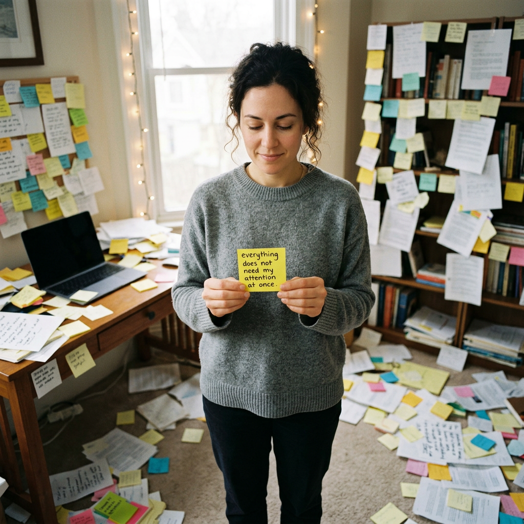 A calm person focusing on one task while many notes surround them, symbolizing freedom from overthinking and learning what is yours to carry.