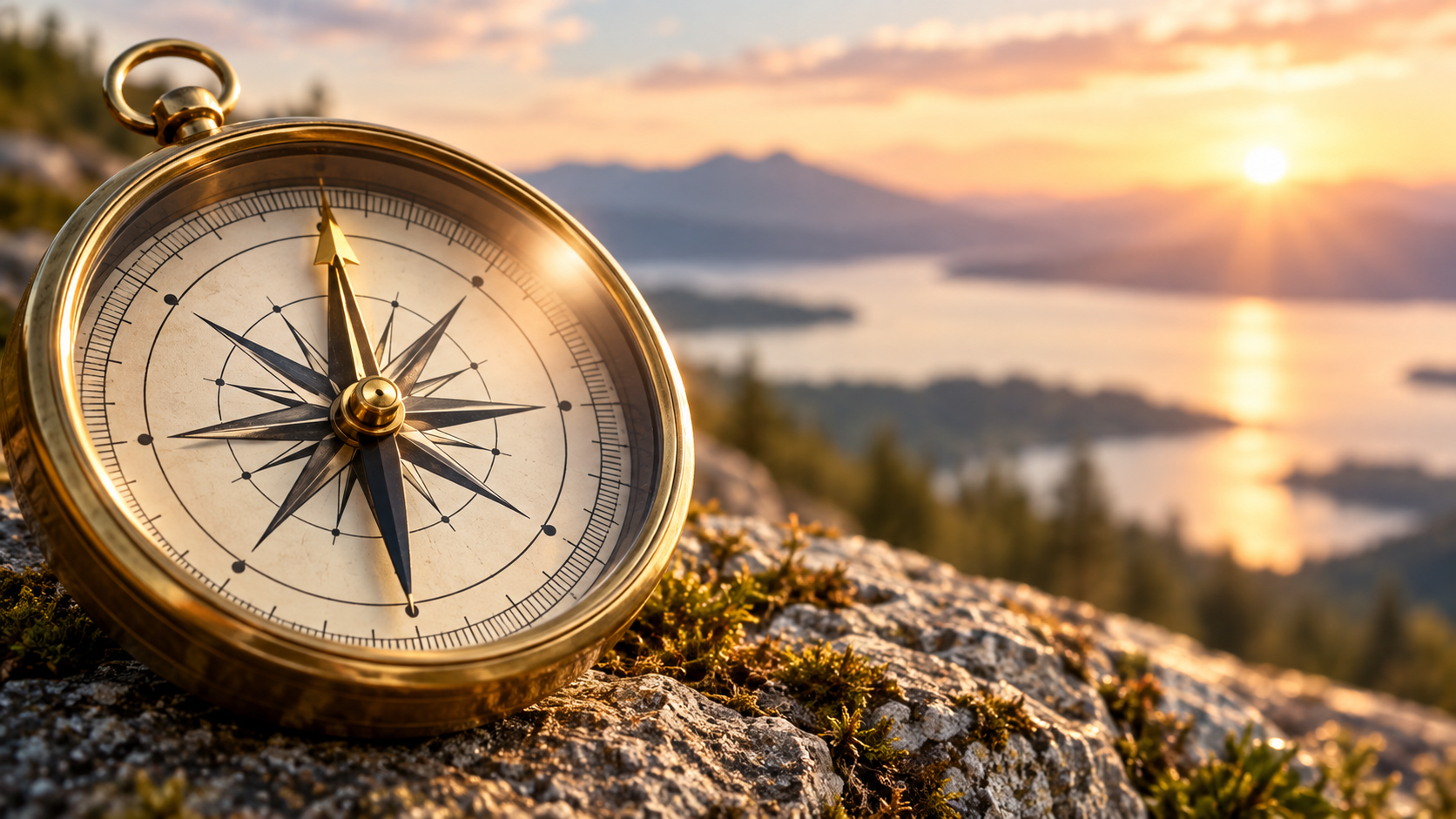 A compass needle settling back toward true north, symbolizing noticing when thoughts begin to drift and choosing to return to a grounded direction.