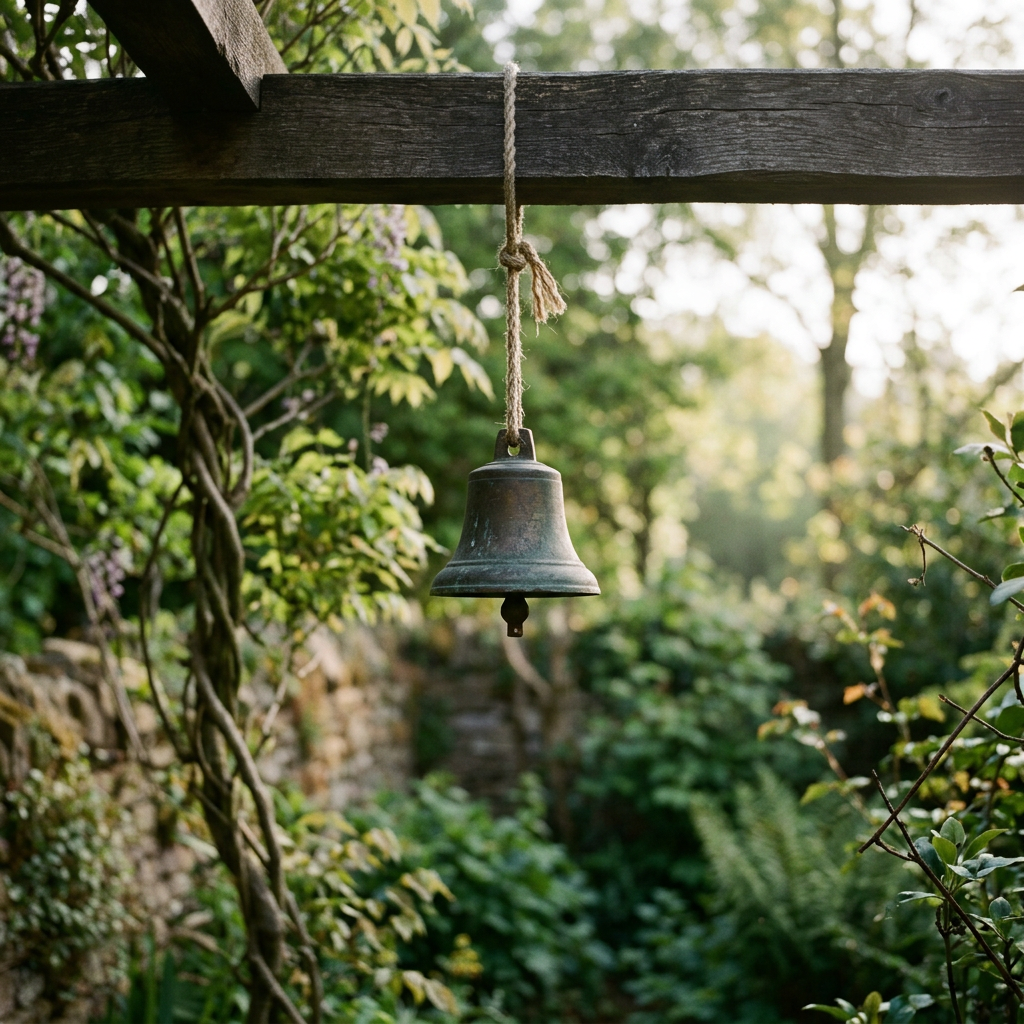 Weathered bell hanging from a wooden beam in a lush garden