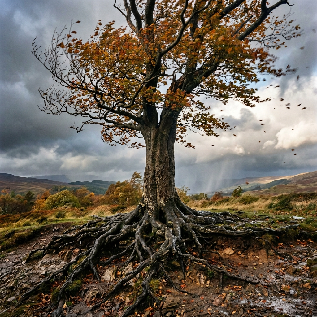 Large autumn tree with exposed roots in a windswept mountain valley